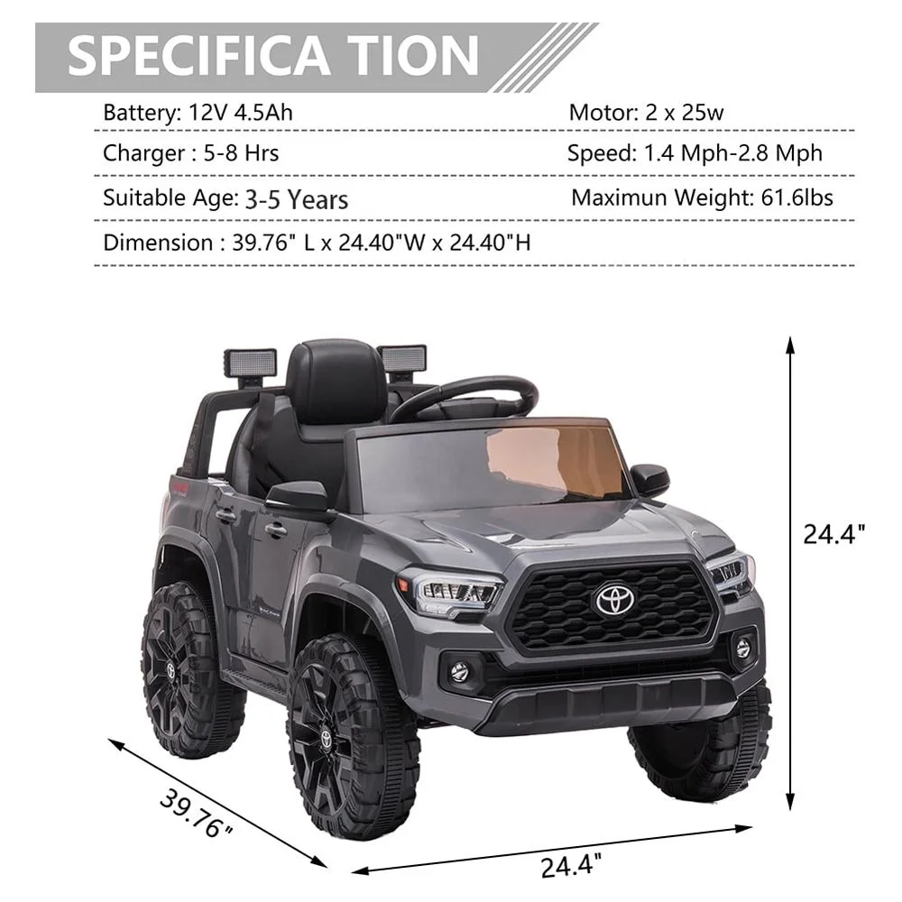 Licensed Toyota Tacoma Electric Ride on Vehicle for Kids, 12V Powered Ride on Car Toys with Remote Control, LED Lights, MP3 Player, Gray
