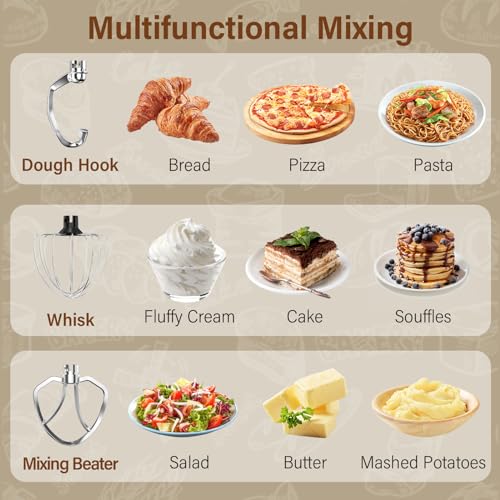 Honinst Stand Mixer, 3-In-1 10-Speed 660W 6QT Tilt-Head Food Mixer, Electric Mixer with Bowl, Dough Hook, Whisk and Beater, Kitchen Mixer for Baking