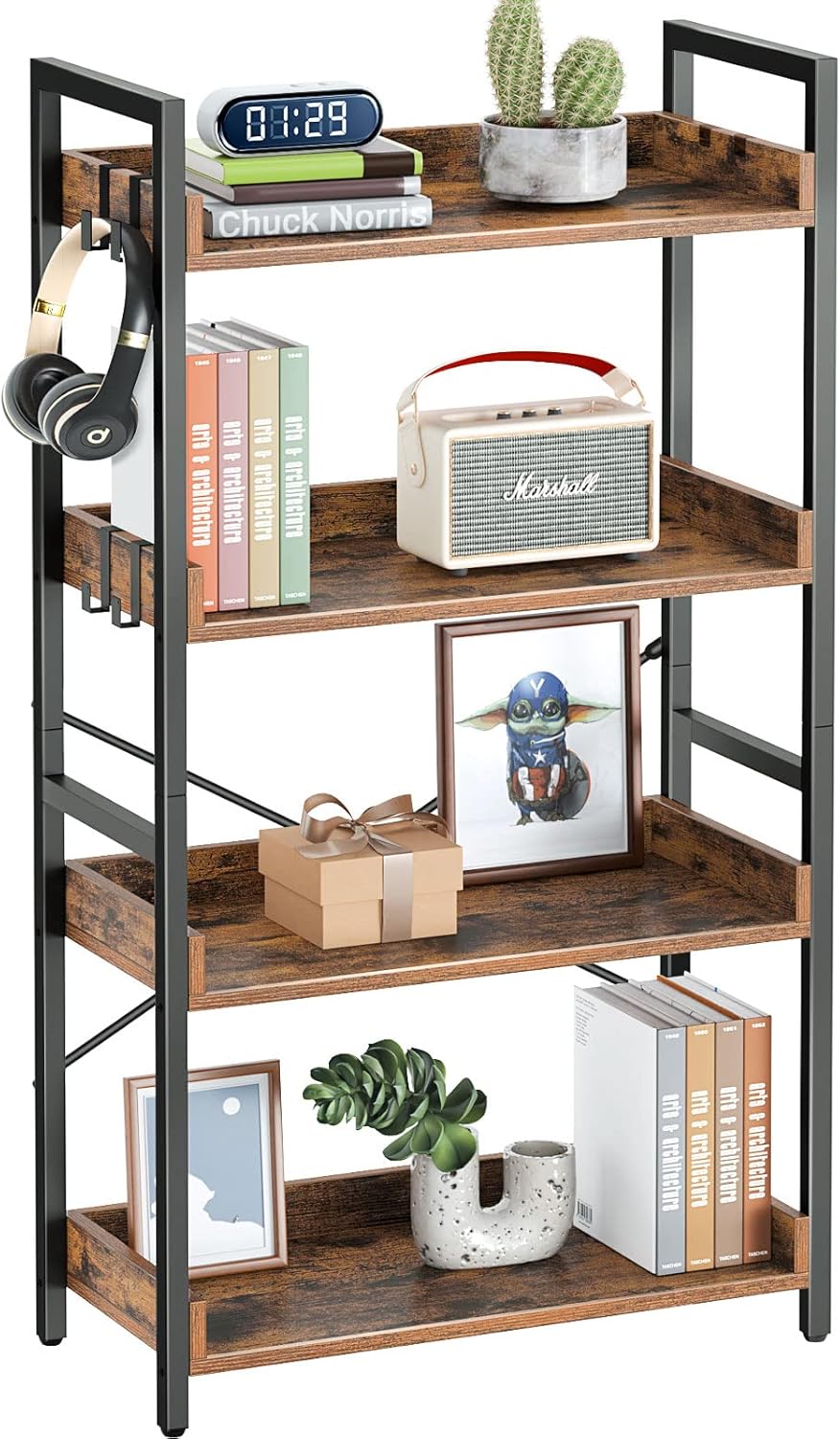 Rolanstar 5 Tier Bookshelf, Industrial Wood Bookcase with 4 Hooks, Vintage Storage Rack with Open Shelves