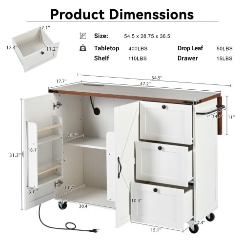 Bellemave Kitchen Island with Storage Cabinet on Wheels, 53.5'' Mobile Kitchen Cart with Power Outlet, Drop Leaf, Spice/Towel Rack and Drawer