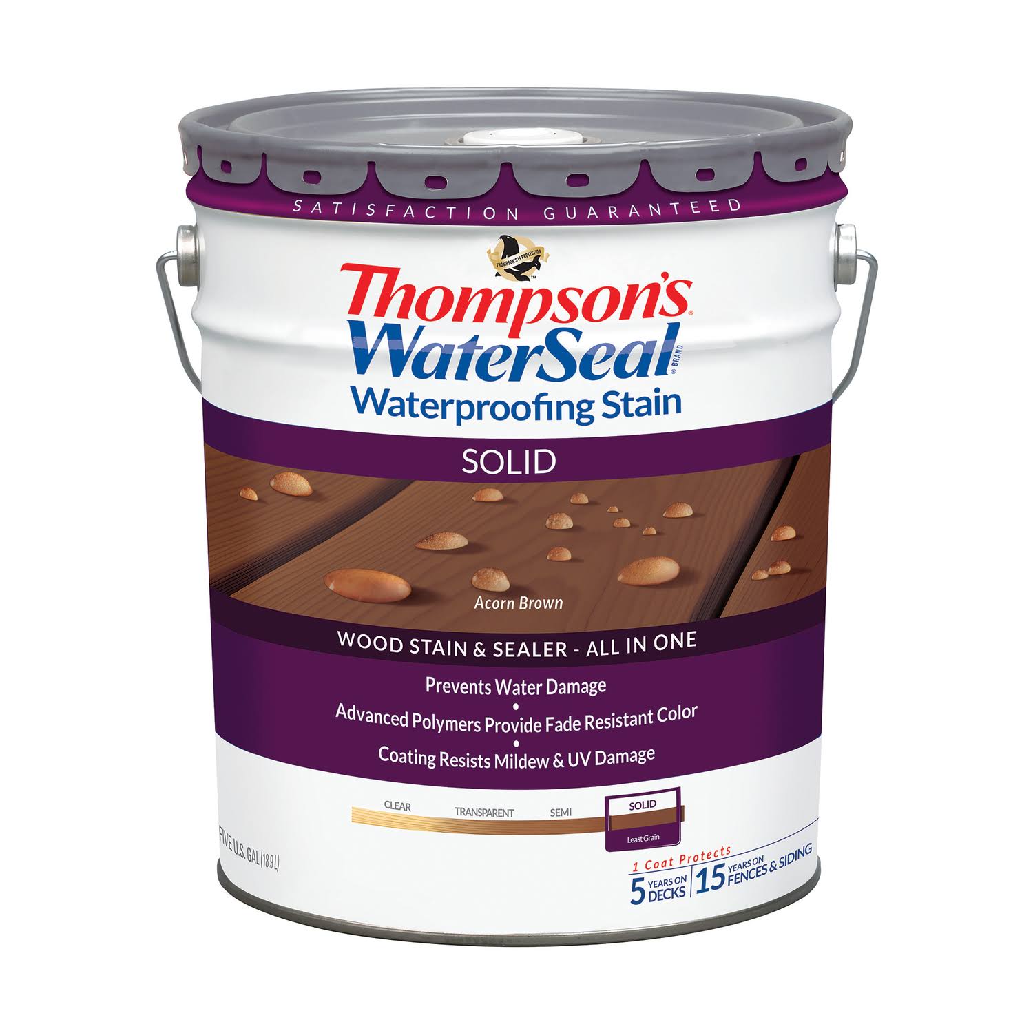 Thompsons WaterSeal 1894823 Solid Acorn Brown Waterproofing Wood Stain u0026 Sealer 5 Gal