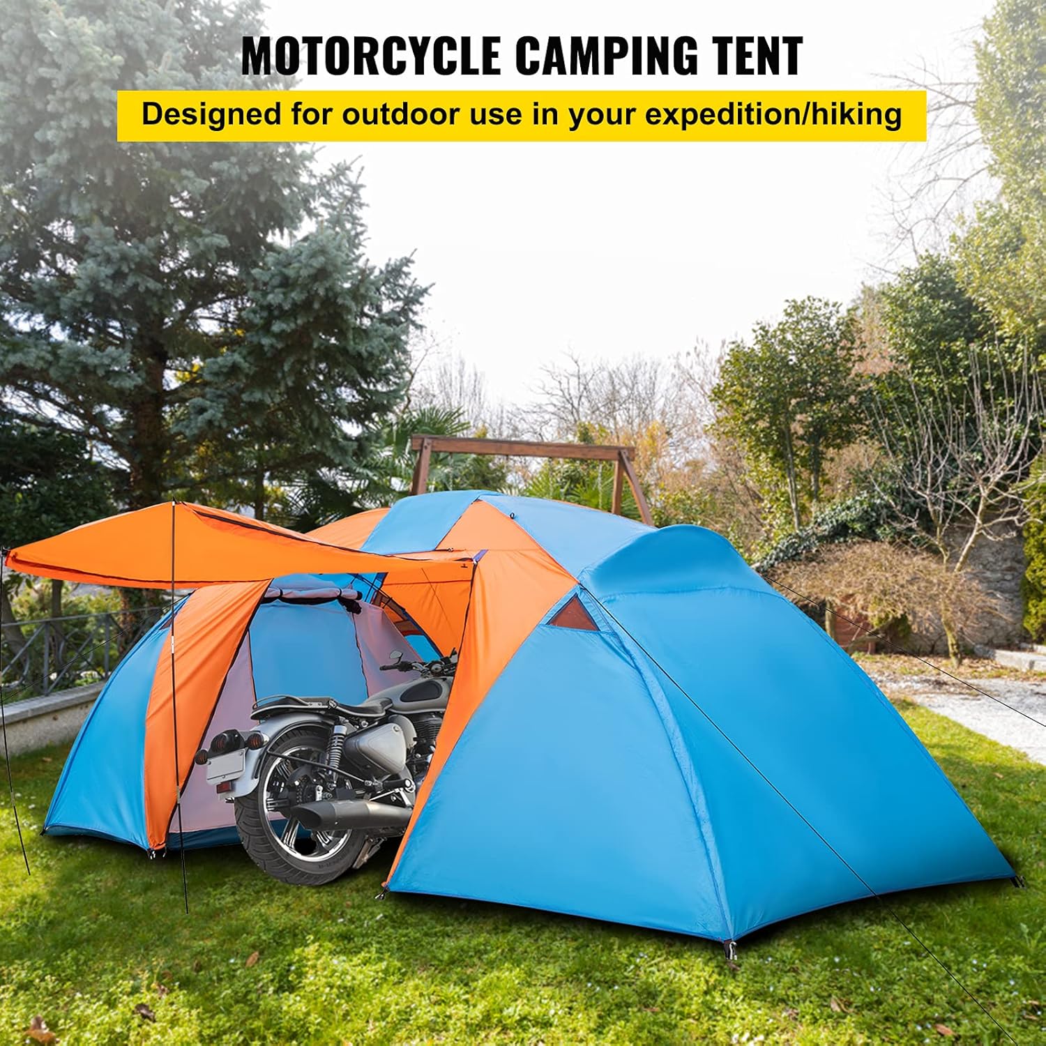 VEVOR Motorcycle Camping Tent, 3-4 Person Motorcycle Tent for Camping, Waterproof Backpacking Tent w/Integrated Motorcycle Port
