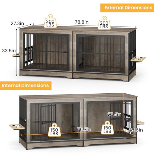 86 Inch Double Dog Crate Furniture with Divider, 4 Combination Forms Large Dog Kennel Furniture for 2 Dogs