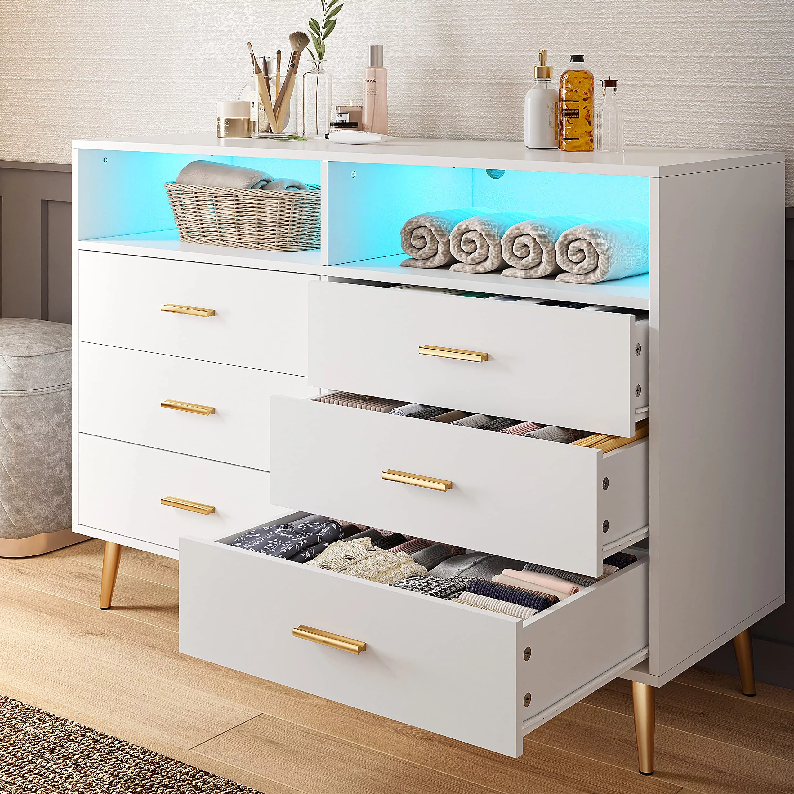 EnHomee Dresser, White Dresser with 6 Deep Drawers, Drawer Dresser with LED Lights, TV Stand Dressers & Chests of Drawers Wood Dresser for Bedroom
