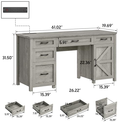 Farmhouse 61'' Executive Desk with 5 Drawers, Rustic Office Desk Computer Desk with Charging Station, File Drawers and Storage Cabinet