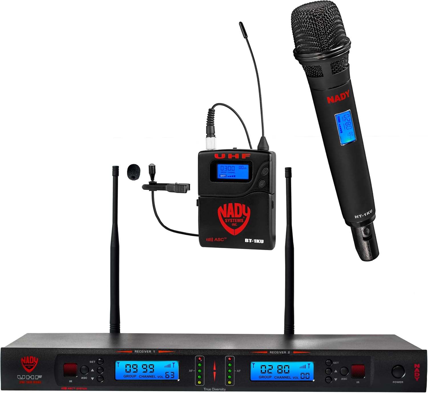 Nady 2W-1KU LT Dual True Diversity 1000-Channel Professional UHF Wireless System with 2 Lapel/lavalier Microphones – Autoscan – Automatic Transmitter