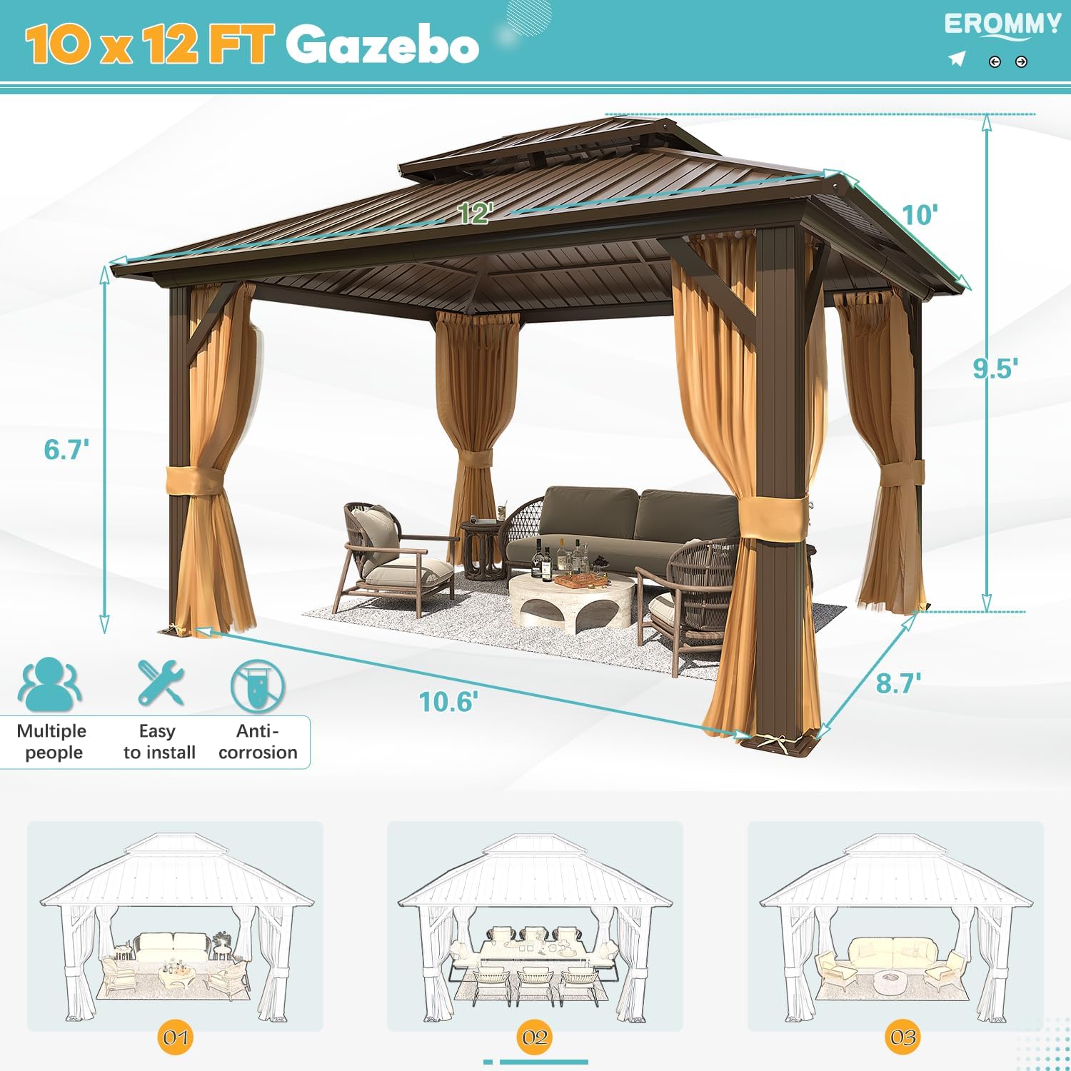 EROMMY 10'x12' Gazebo Hardtop, Galvanized Steel Double Roof Metal Gazebo with Aluminum Frame