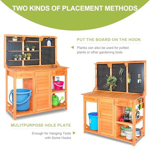 Outdoor Garden Potting Bench, Horticultural Wooden Workstation Table with Storage Drawer, Cabinet, Metal Pegboard