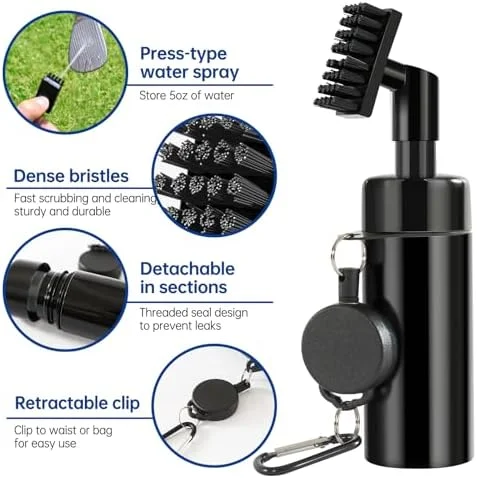 Golf Club Cleaner Brush with 5oz Water Bottle, 8.3“ Leak-Proof Design, 2 Towels &amp; 100 Bamboo Golf Tees – Golf Accessories for Men &amp