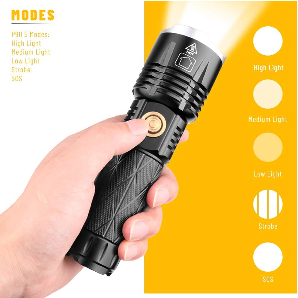 High Power XHP90 LED Flashlight 30000 Lumens Ultra Bright XHP90 LED Handheld Flashlight USB Type-C Rechargeable Torch Adjustable Zoomable Waterproof