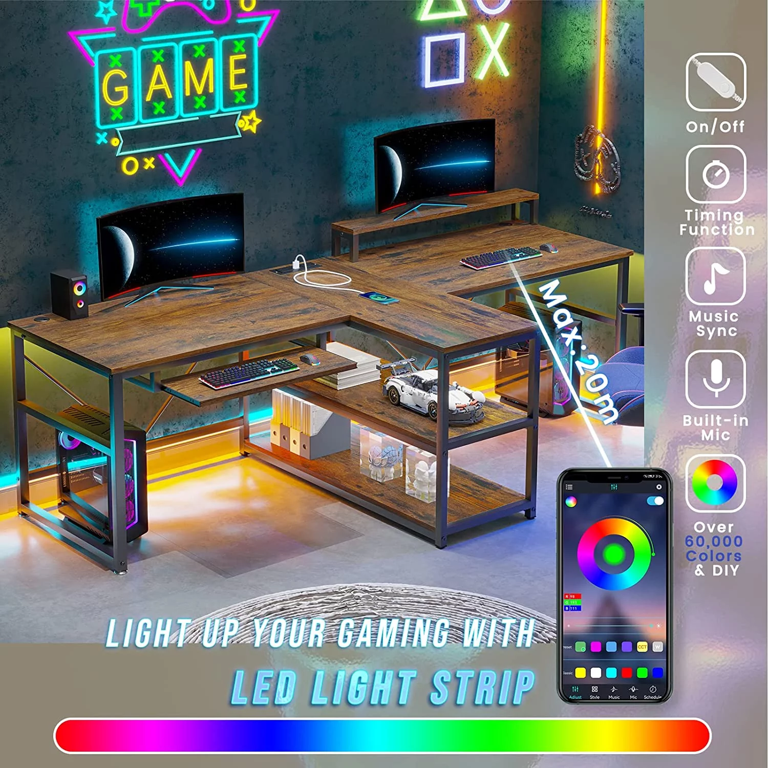 sell well 94.5" Home Office Desks  Computer Gaming Desk with Storage  LED Lights  Power Strip with USB  Keyboard Tray &amp