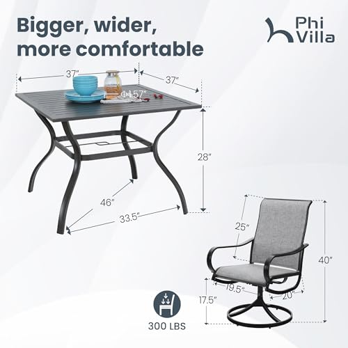 PHI VILLA 5 PCS Outdoor Patio Dining Set with Swivel Dining Chairs (Blue) and 37"x 37" Metal Steel Dining Table(1.57" Umbrella Hole)