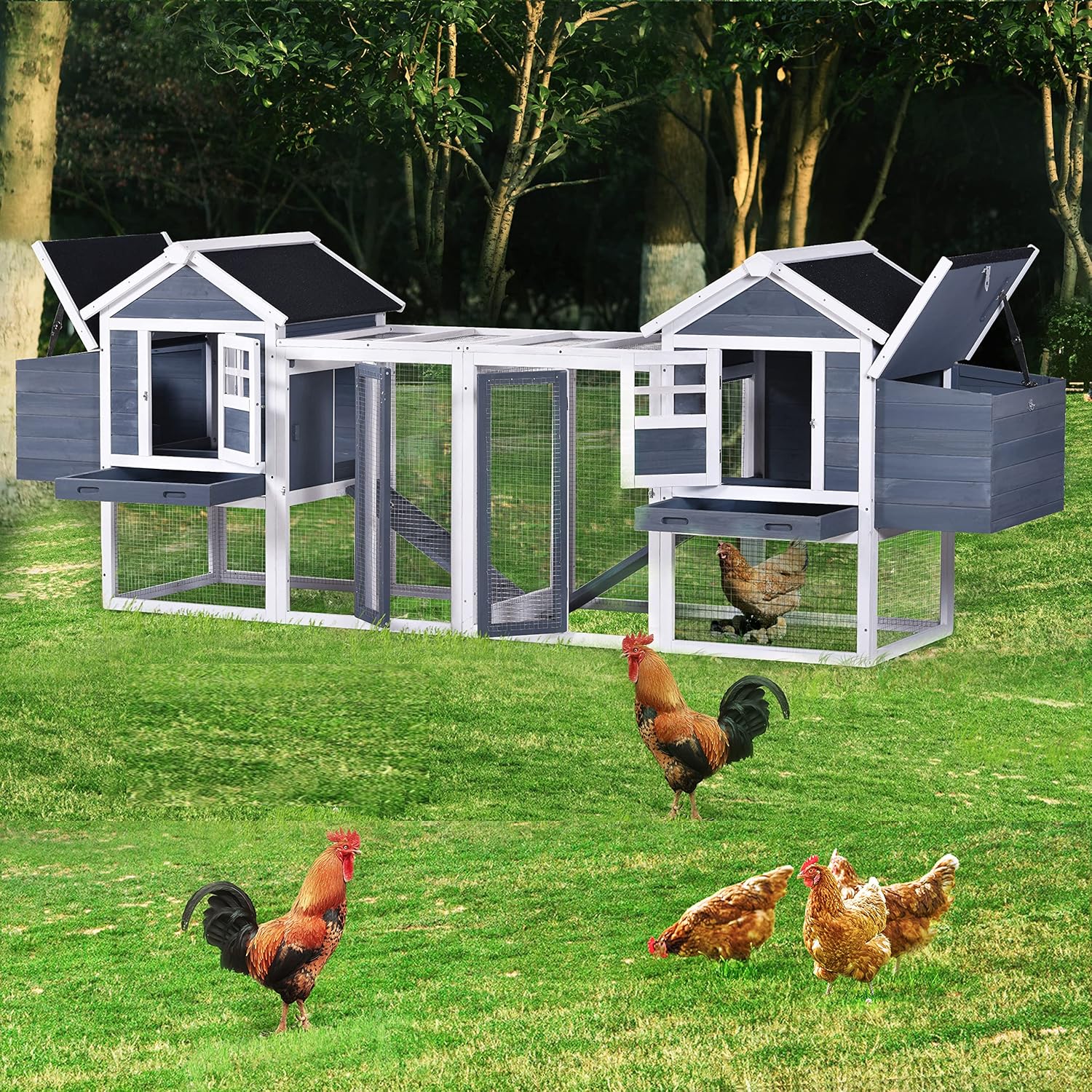 123.6" Chicken Coop Hen House Poultry Cage for 6 Chickens Wooden Rabbit Hutch Small Animal House with Nesting Boxes, 2 Run Play Area, Ramps