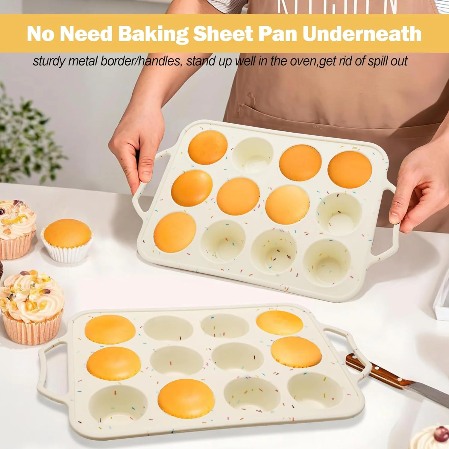 2 Pack Silicone Muffin Pans for Baking with Metal Reinforced Frame, 12 Cup Cupcake Baking Pans Nonstick for Oven