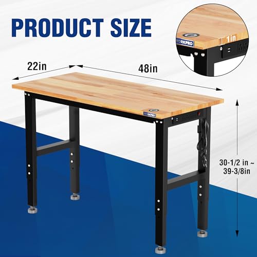 WORKPRO Adjustable Garage Workbench, 48"x22" Rubber Wood Top Heavy-Duty Work Desk with Power Outlets, Leveling Foot, 5 Heights