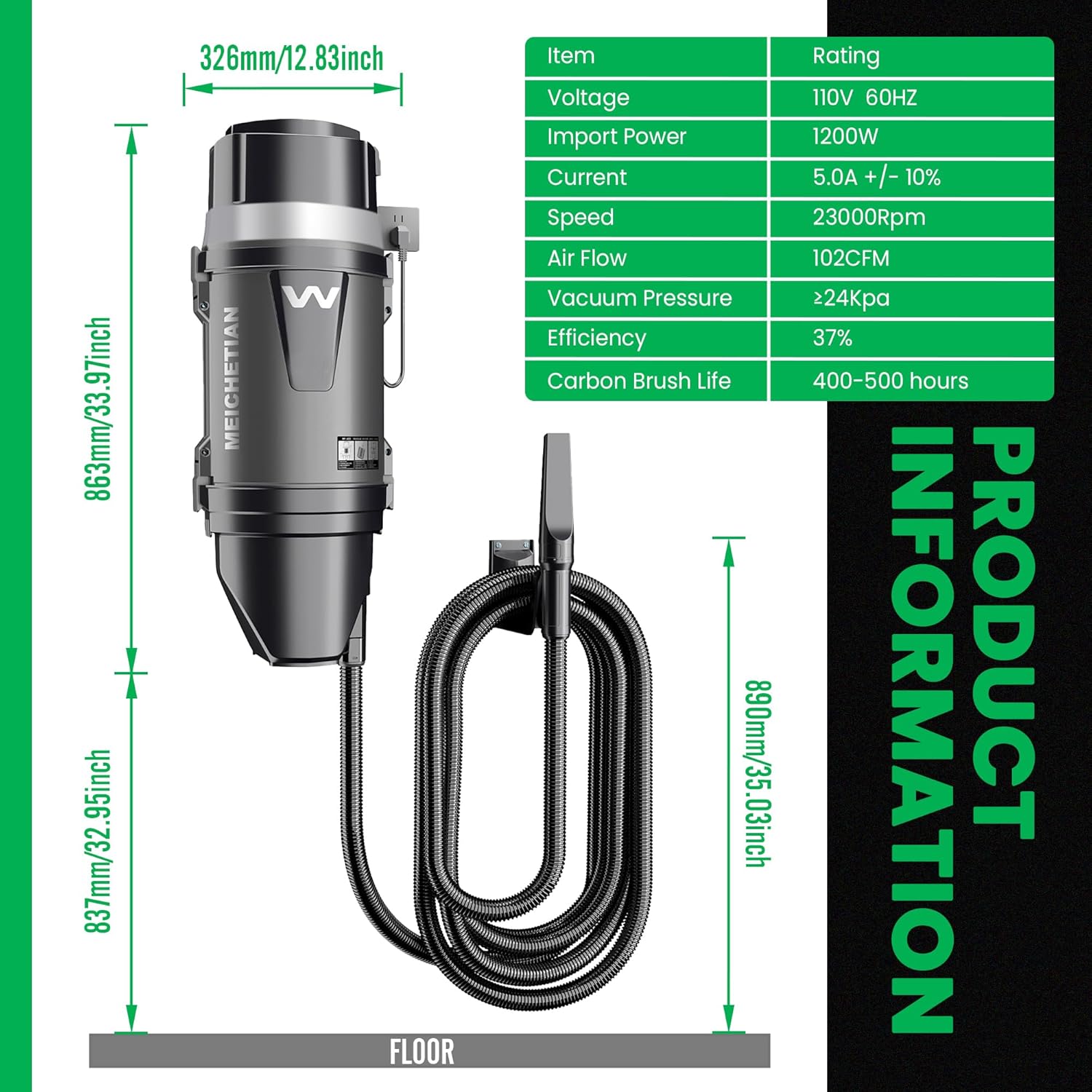 Garage Vacuum Wall Mounted, 5 Gallon Wet Dry Car Vacuum Cleaner with 26 ft Extra Long Hose for Garage, Car, Workshop, Pet Hair, Black