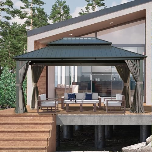 Domi 10' x 10' Hardtop Gazebo Outdoor Metal Gazebo with Galvanized Steel Double Roof Canopy, Curtains and Netting for Patio, Backyard, Deck