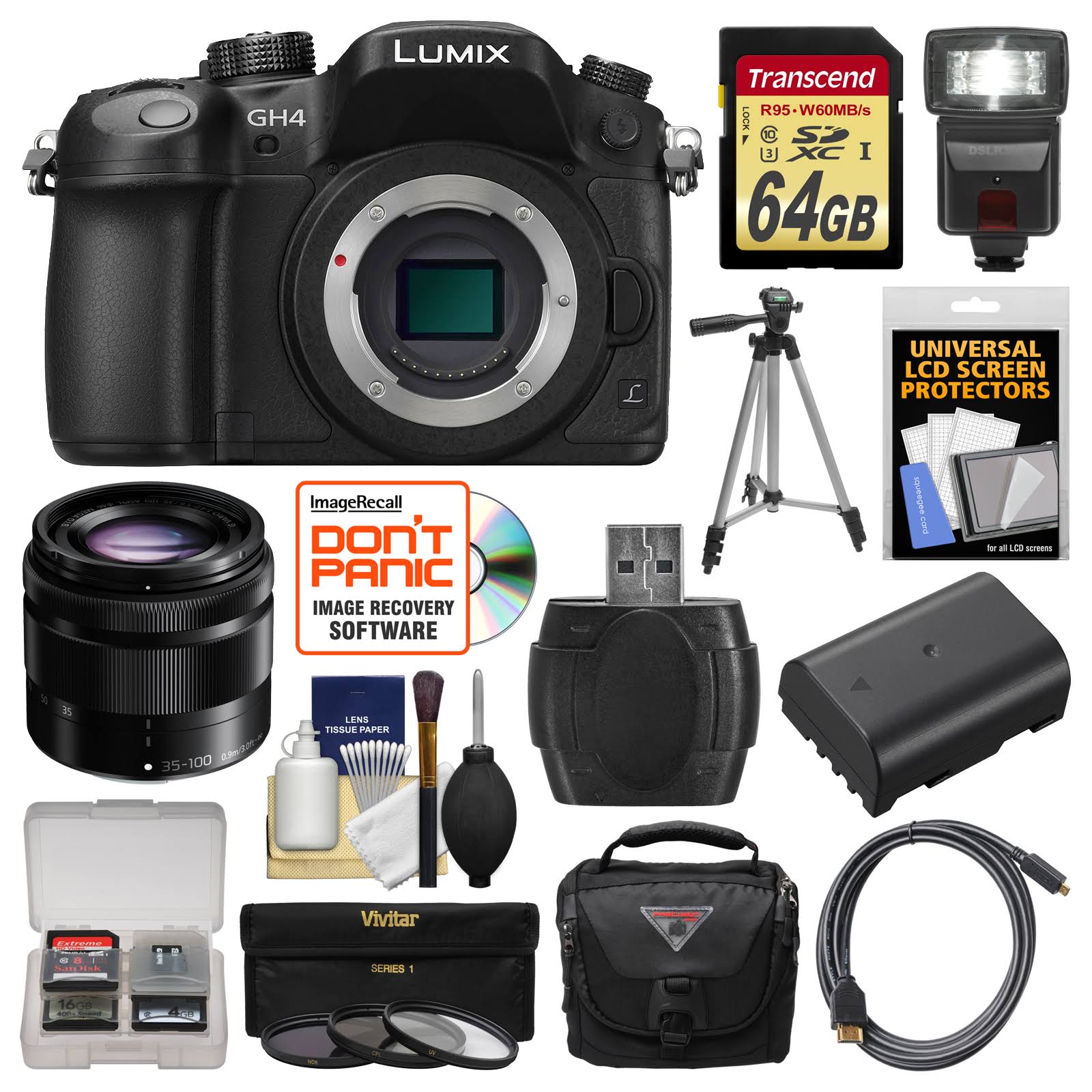 Panasonic Lumix Dmc-gh4 4K Micro Four Thirds Digital Camera Body with 35-100mm Lens + 64GB Card + Case + Flash + Battery + Tripo