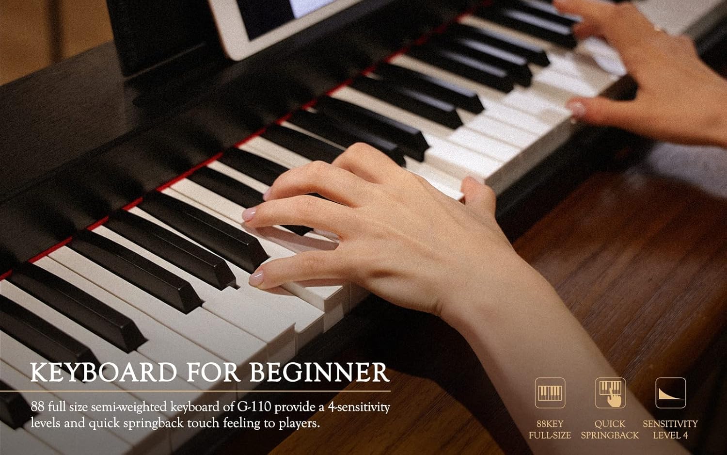 Souidmy G-110 Semi-Weighted Digital Piano Keyboard, Satin Wood Finishes, Premium Grand Piano Sound, 88-Key Full Size Keyboard with Sustain Pedal