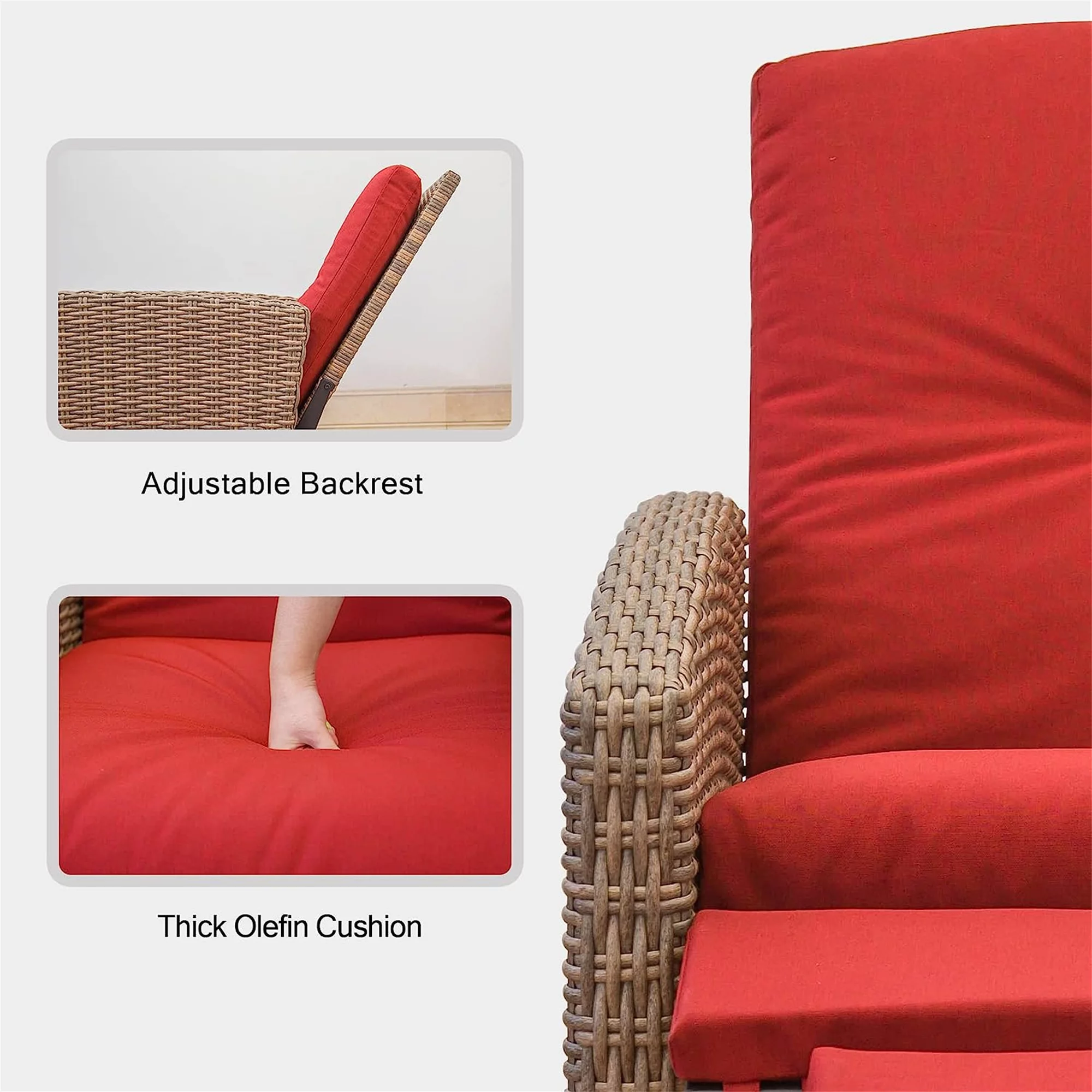 CoSoTower Indoor & Outdoor Recliner, All-Weather Wicker Reclining Patio Chair, Red Cushion (Red, 1 Chair)