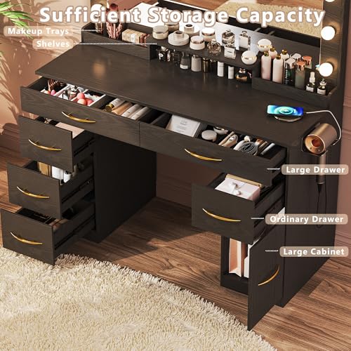 Makeup Vanity Desk with Lights, Vanity Desk with Large Mirror, White Vanity with Outlets Large Drawers & Storage, 3 Lighting Color Adjustable