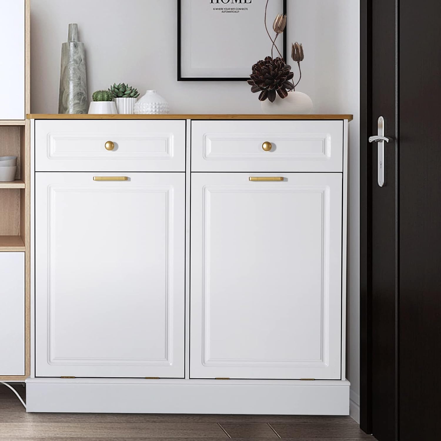 UEV Double Kitchen Trash Cabinets,Two Tilt Out Trash Cabinets with Solid Hideaway Drawers