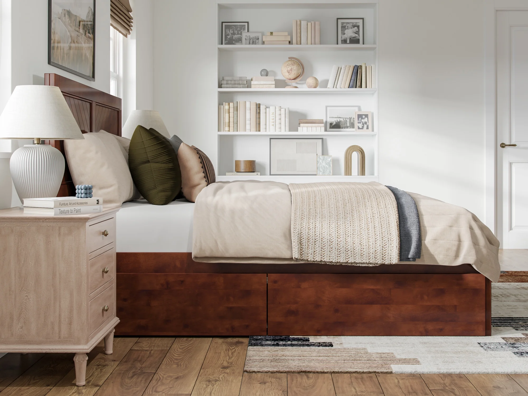 AFI Canyon Walnut Solid Wood Platform Bed with Matching Footboard & Storage Drawers, Queen