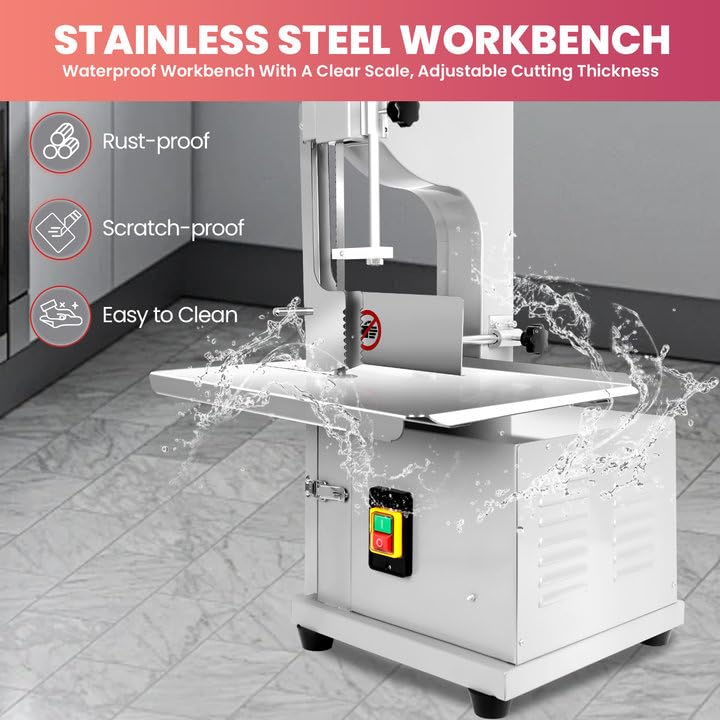 1500W Electric Bone Saw Machine | 20" x 15" Meat Cutting Table | Stainless Steel Bandsaw Machine | 0.04-8" Cutting Thickness with 8 Saw Blades |