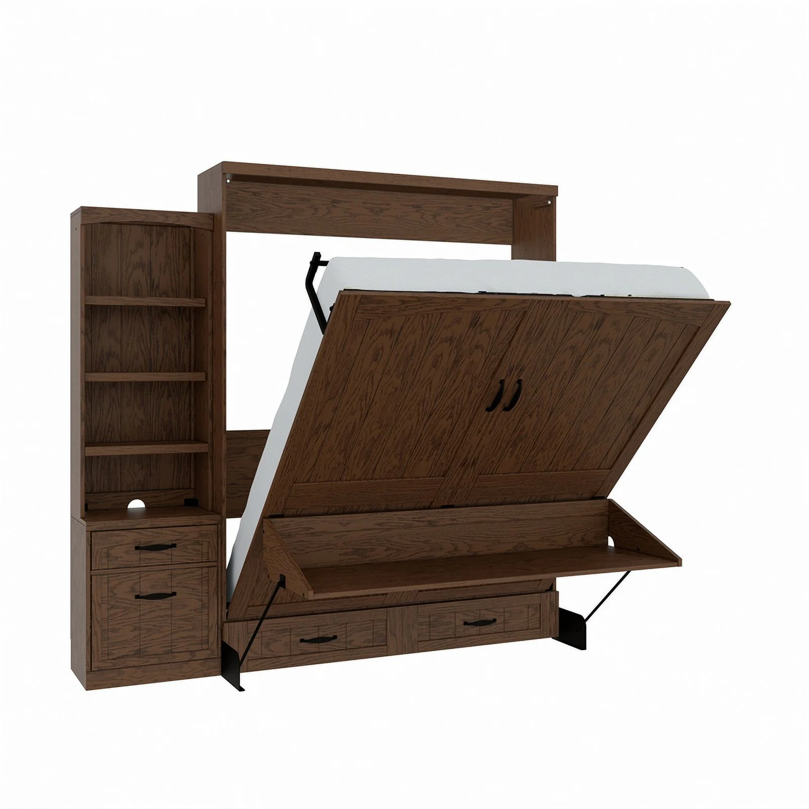 RoomAndLoft Cape Cod Wood Queen Murphy Wall Desk Bed & Shelf Storage in Brown