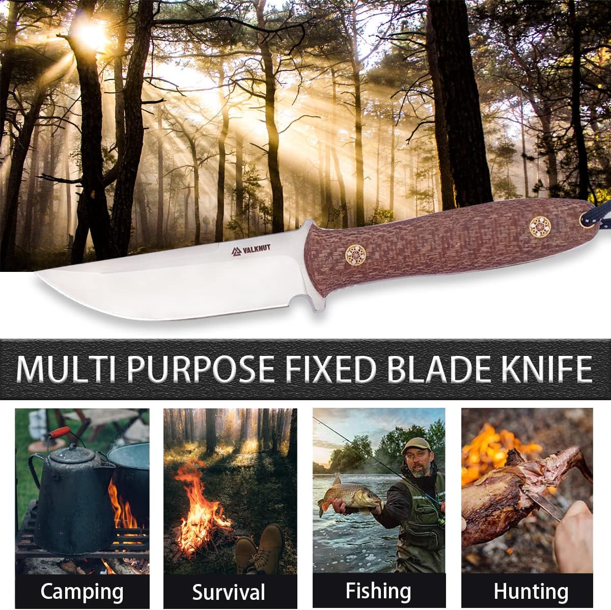 Fixed Blade Knife, VALKNUT D2 Steel Blade Full Tang Knives for Hunting Survival Bushcraft, 4''