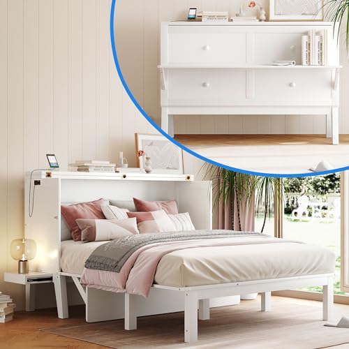 Queen Murphy Bed, Modern Wall Bed with Desk, Built-in Dual Power/USB Ports, Wood Murphy Bed Cabinet Bed Removable Shelves
