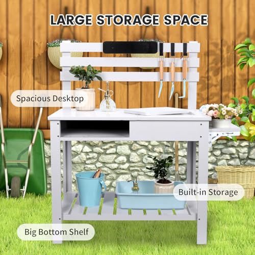 Potting Bench Table Outdoor Garden Table Wooden Work Station Outdoor Garden Work Bench Platform with 3 Side Hook Shelf Natural Wood Rice-White