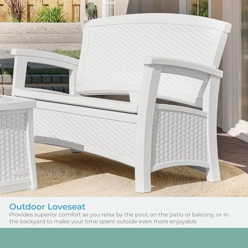 Suncast Elements Stylish Lightweight Loveseat Outdoor Seating with Convenient Built In Universal Storage, and All Weather Plastic, White