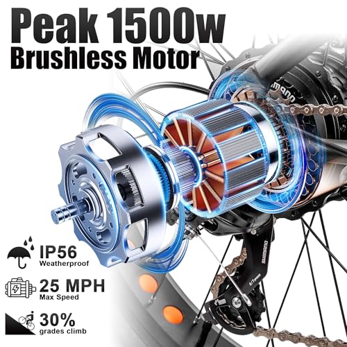 NAKTO 26" Electric Bike for Adults, 4.0" Fat Tire E-Bike with Peak 1500W Powerful Rear Hub Motor and Disc Brakes, Electric Bicycle with Battery Lock