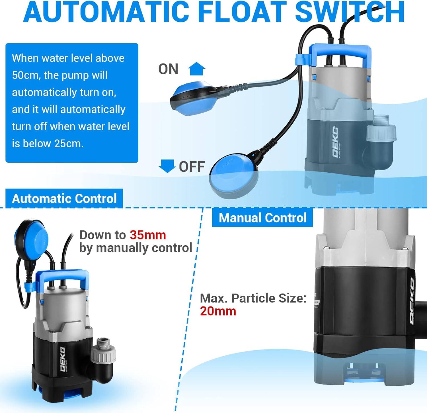 DEKOPRO 400W 1/2HP Sump Pump 1981GPH Submersible Pump Clean/Dirty Water Pump Swimming Pool Garden Tub Pond Flood Drain w/Float Switch and Long 16ft
