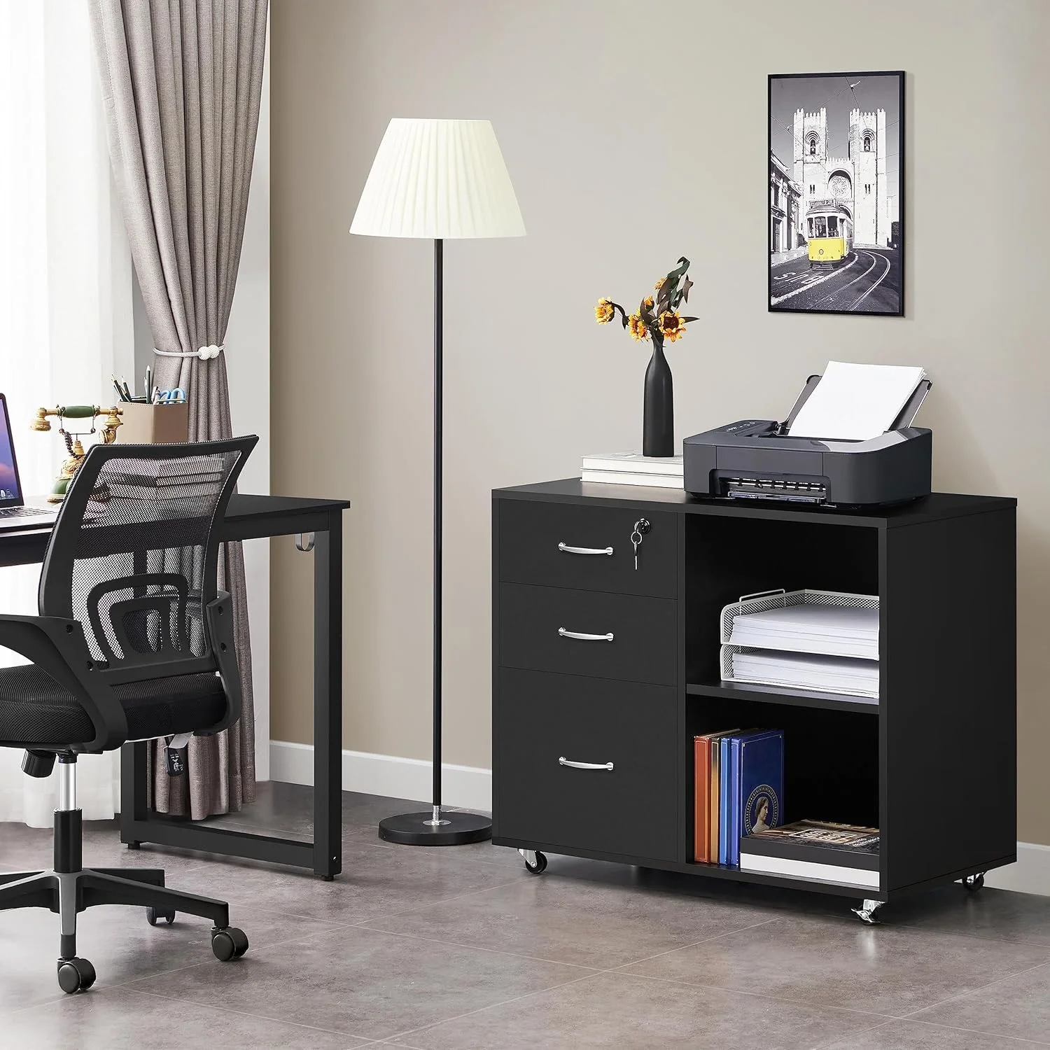 Black File Cabinet with Lock for Letter, A4 Size,3 Drawer Lateral Filing Cabinet Printer Stand with Open Storage Compartments