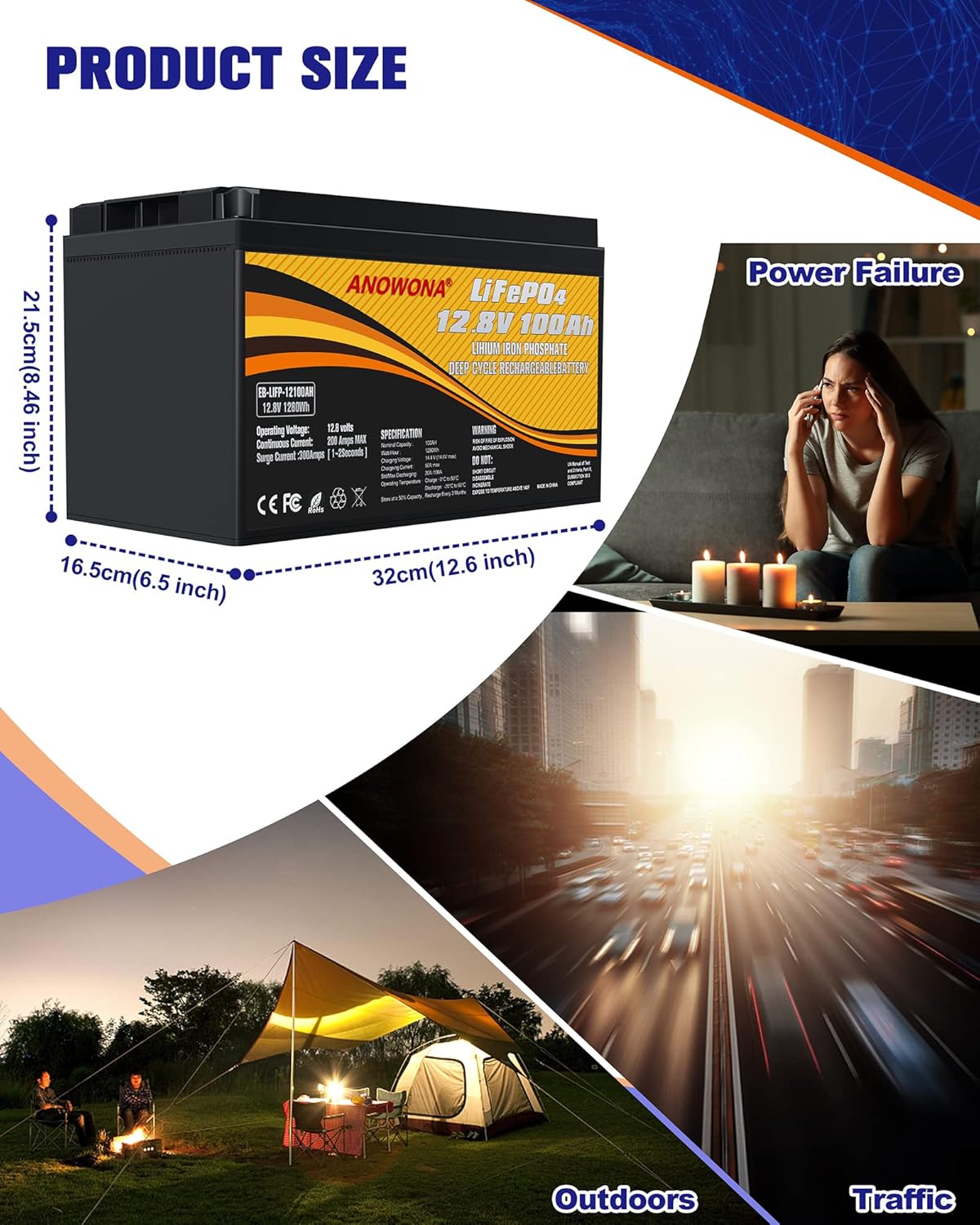 12.8V 200Ah Lithium Iron LiFePO4 Deep Cycle Battery, Built-in 100A BMS, 2000+ Cycles, 280amp Max, Perfect for RV, Solar, Marine, Overland