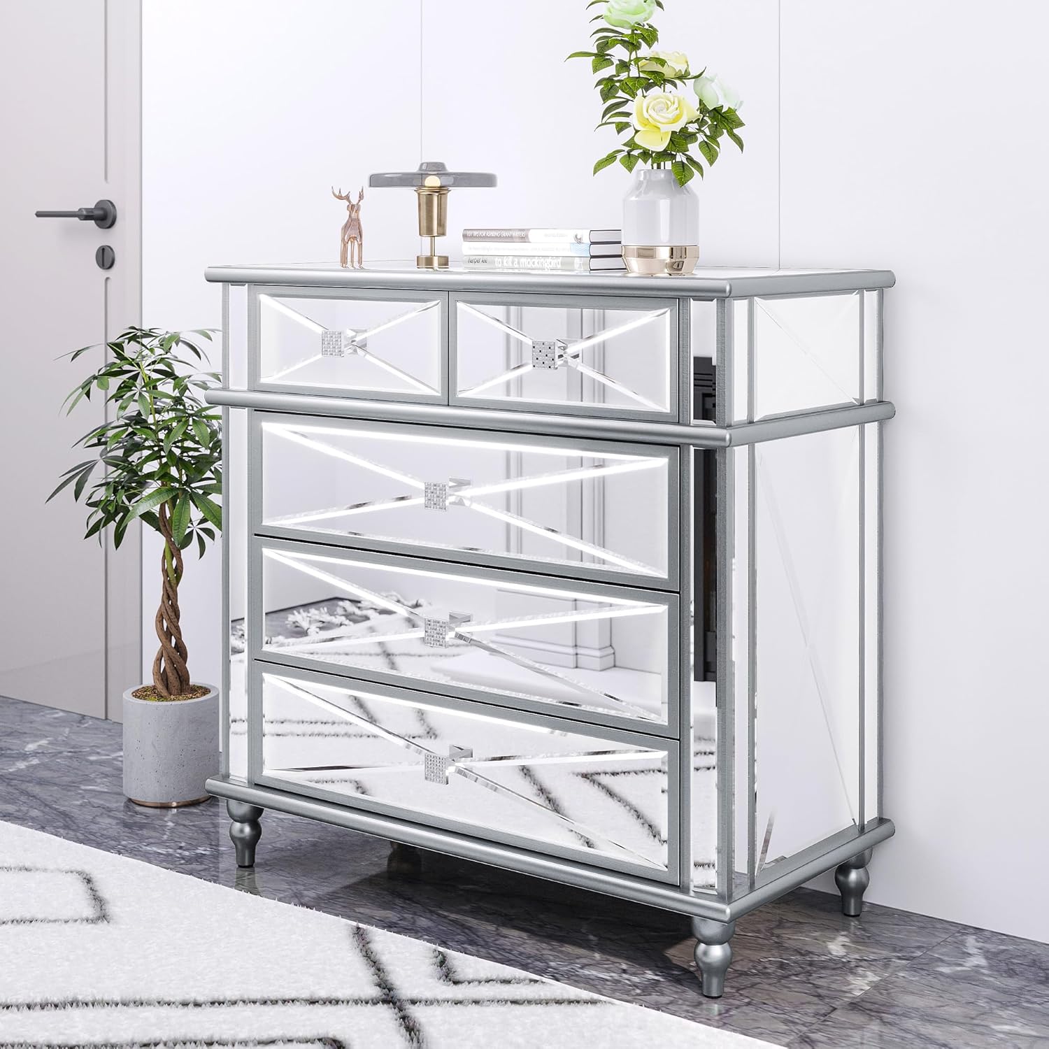 DWVO Silver Mirrored 5 Drawer Dressers for Bedroom, 35" Accent Chest with Drawers, with 5 Storage Drawers and Wood Legs