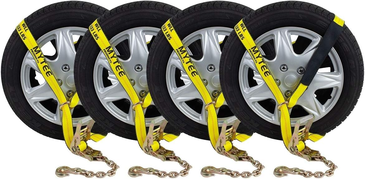 Mytee Products (8 Pack) 2 x 8' Car Tie Down Lasso Ratchet Strap with Chain Anchor - High Viz Green Tire Straps for Car Trailer