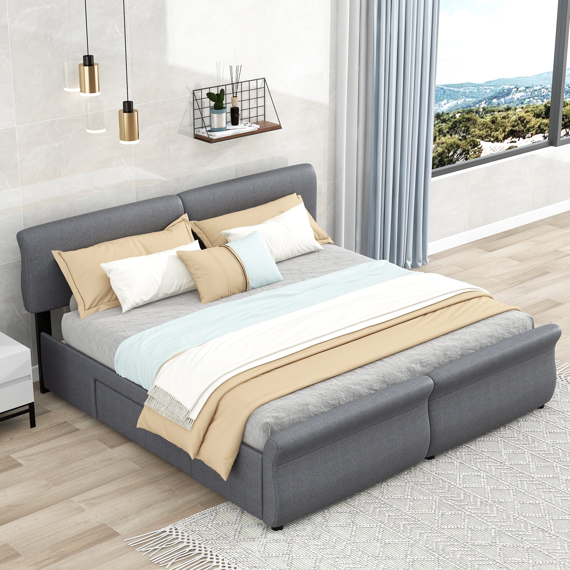 mountright King Size Linen Upholstered Platform Bed with Headboard and 2 Drawers, Platform Bed Frame with Wood Slat Support, No Box Spring Required