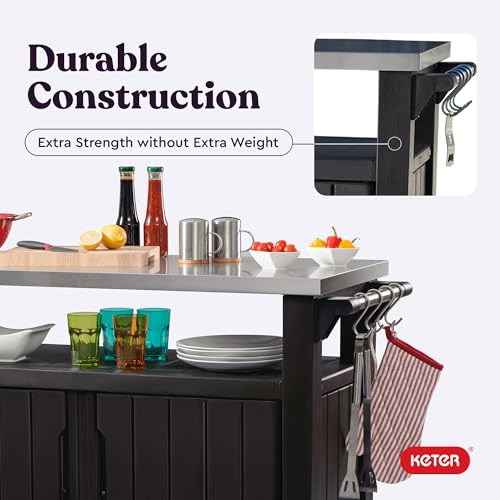 Keter Outdoor Rolling Table Cart for Food Prep, Storage, Bar & Grill, Dark Brown - Portable Kitchen Island Tabletop with Wheels for Drinks, Snacks