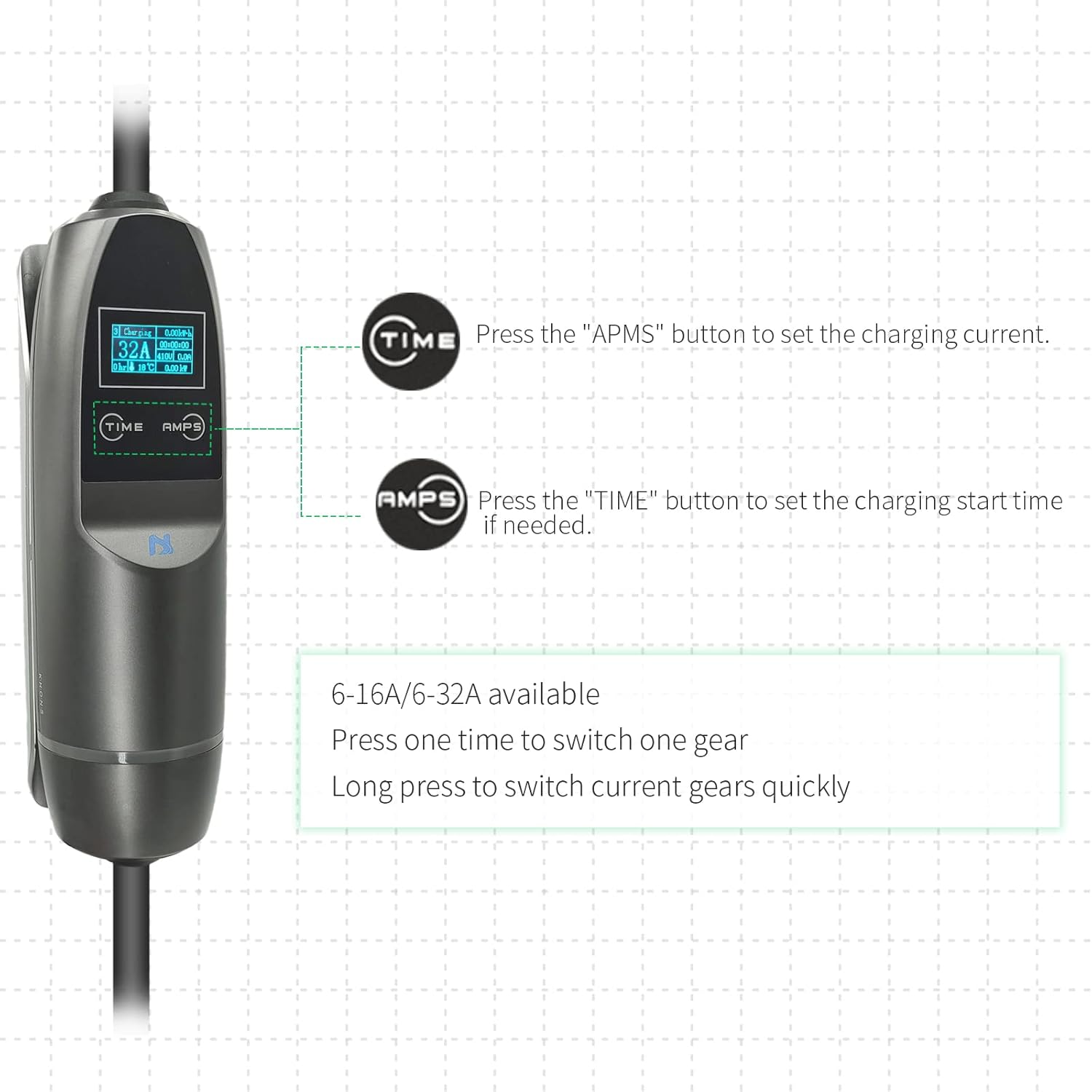 K.H.O.N.S. Upgrade Style 32A Portable EV Charging Cable for Electric Car SAE J7772 Plug with LCD Display NEMA 14-50 Plug Leve 2 EV Charger
