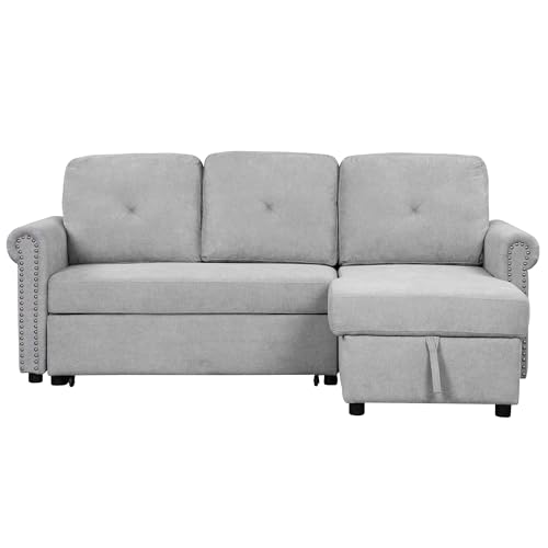 L Shaped Convertible Sleeper Sectional Sofa w/Storage Chaise Lounge & Pull-out Bed, Velvet Upholstered Couch with Nail-head Trim for Living Room