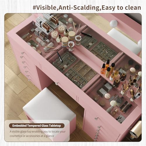 55" W Vanity Desk, Makeup Vanity with Charging Station, 15 Drawers with Lighted Mirror, 3 Lighting Modes, Brightness Adjustable, Glass Top