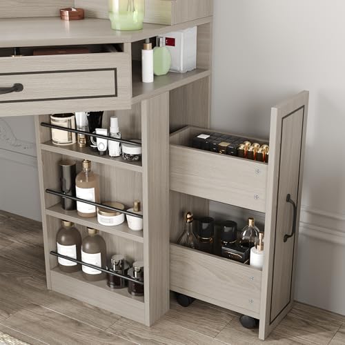 Makeup Vanity Desk, Corner Vanity Desk with HD LED Mirror, Lots Storage Shelves, 2 Drawers & Cabinets, Vanity with Charging Station
