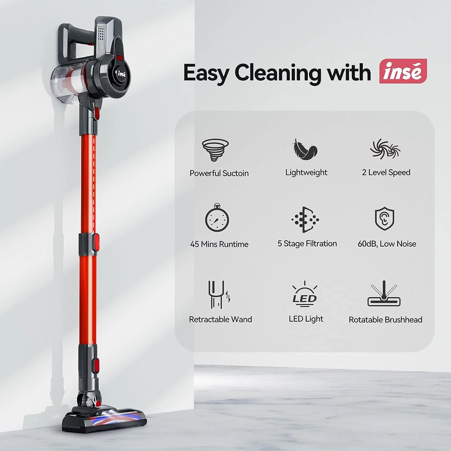 INSE N6 Vacuum Cleaner 160W Rechargeable Cordless Stick Vacuum, up to 45 minutes for Home Hard Floor Carpet Pet Hair, Red