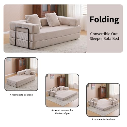 Convertible Sleeper Sofa Bed with Cylindrical Pillow, Corduroy Folding Mattress Couch with Fixed-Shape Frame