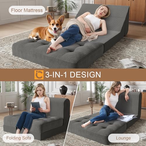COMAX Folding Sofa Bed, Convertible Chair Bed Corduroy 3-in-1 Foldable Floor Couch with High-Density Foam, Futon Sofa Sleeper Mattress