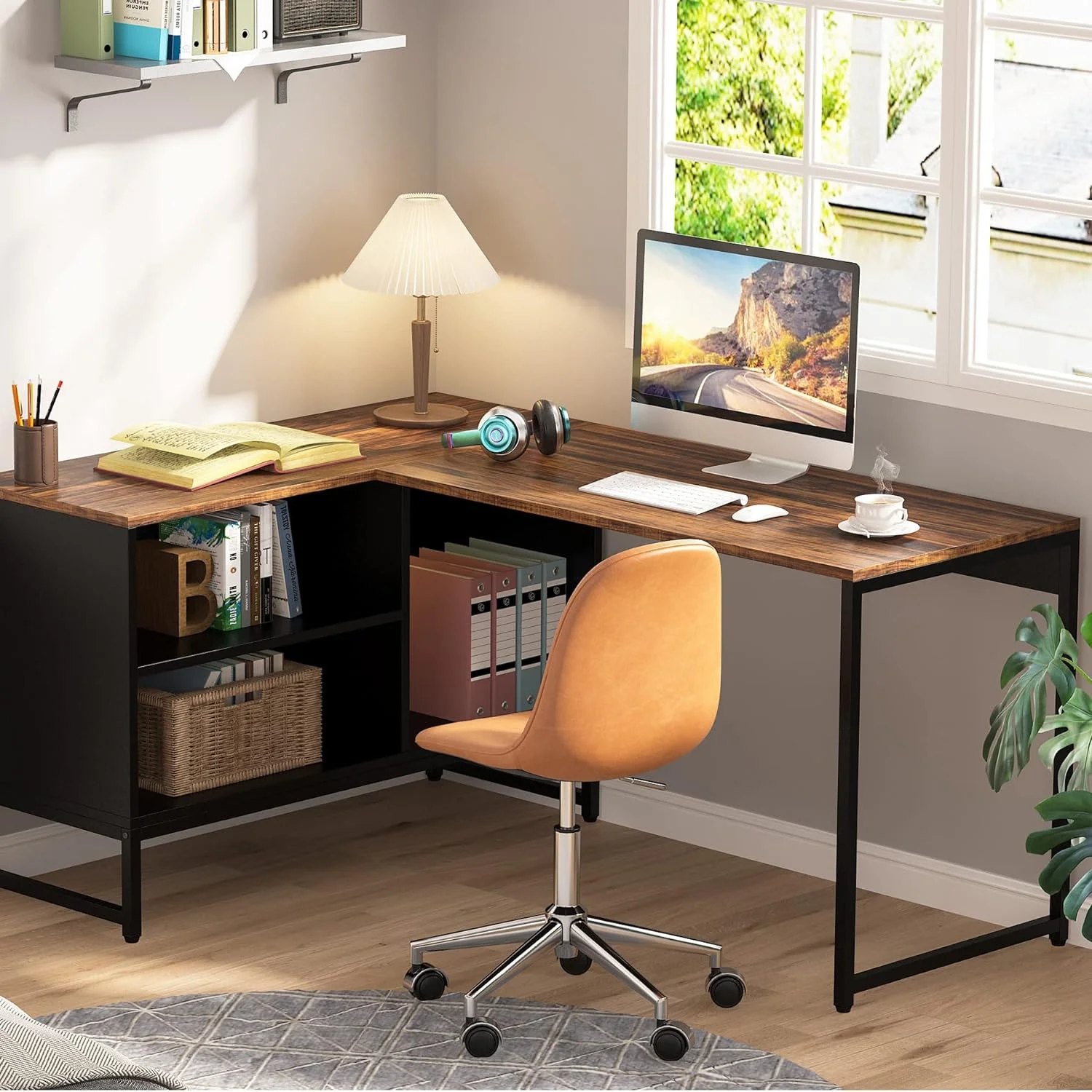 L Shaped Desk with File Cabinet  59 inch Large L-Shaped Office Desks with  Computer Corner Desks with Heavy-Duty Metal Frame Black Rustic Brown