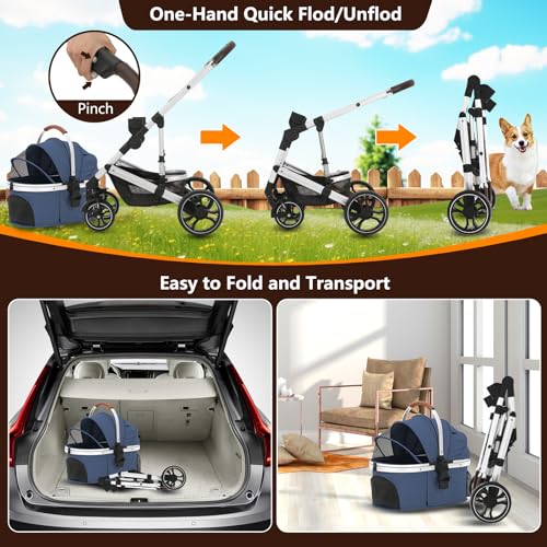Pet Stroller 3 in 1 Folding Lightweight Dog Stroller with Detachable Carrier & Storage Basket, Premium 4 Wheels Travel for Puppies, Doggies